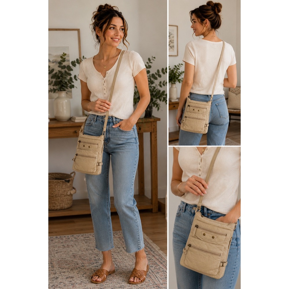 Ampere Creations Taupe Vegan Leather Crossbody Bag Multi Zip Boho New